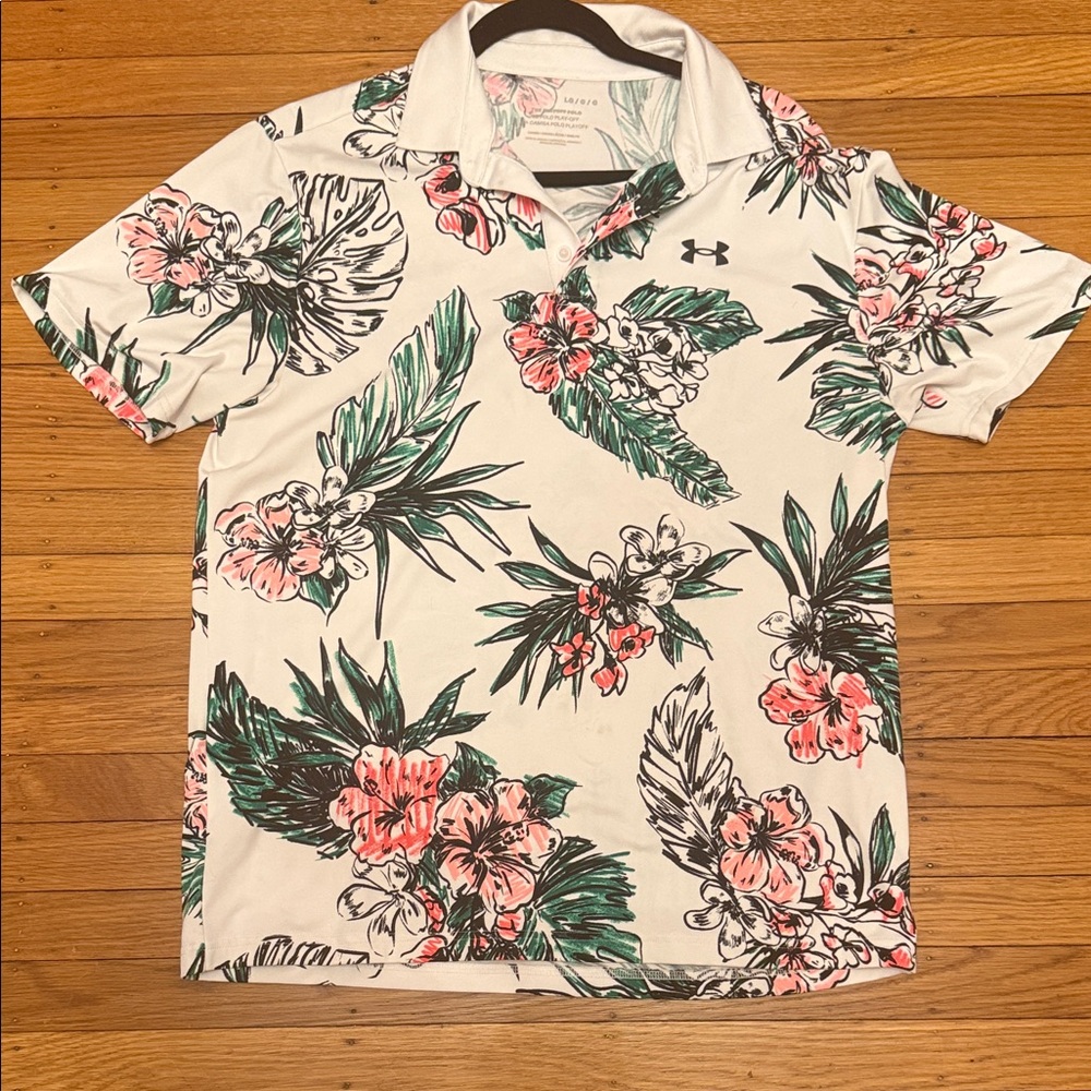Under Armour Men's Large Floral Polo - White, Green, Pink